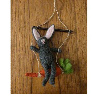 World Market Felted Wool Easter GRAY Bunny on Carrot Swing 6"